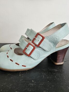 Fluevog Operetta Fiorenza Mint Leather Mary-Jane Slingback Heels Size 7